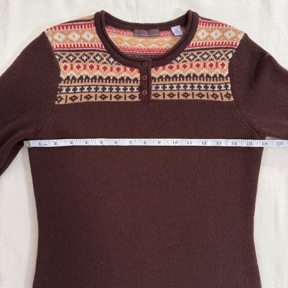 Brown and Beige Fair Isle 100% Cashmere Henley Sweater Size Small - Picture 7 of 8